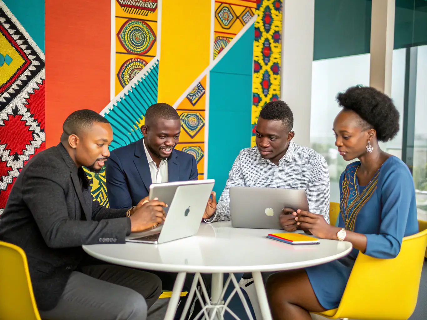 An illustration of diverse entrepreneurs shaking hands over a digital platform, symbolizing partnership formation.