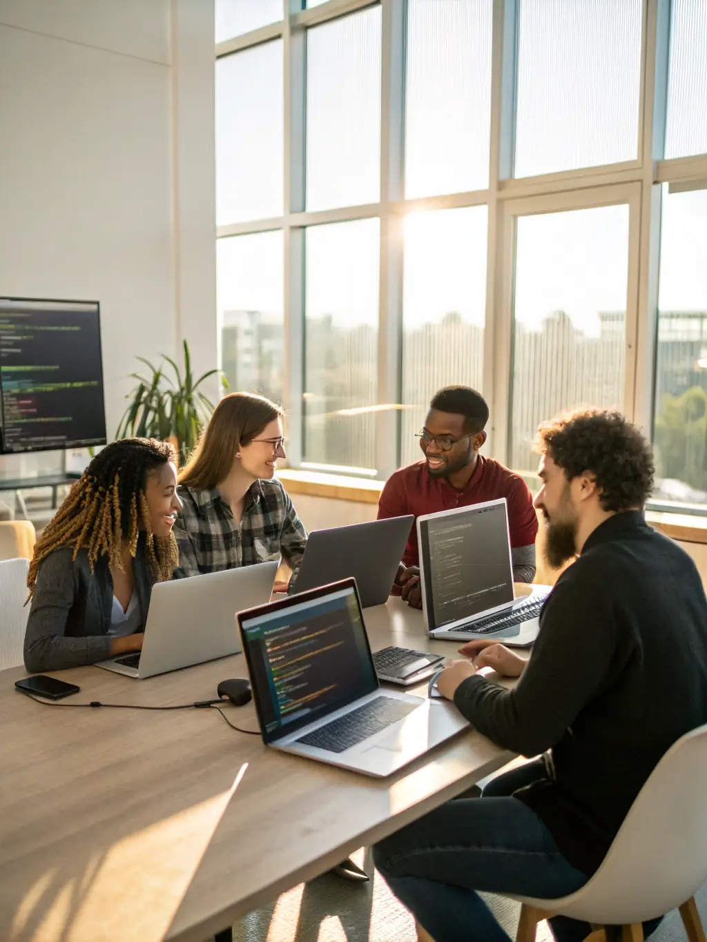A diverse team of three developers collaborating on a shared code repository, showcasing BuildSpace's co-founder matching feature in action.