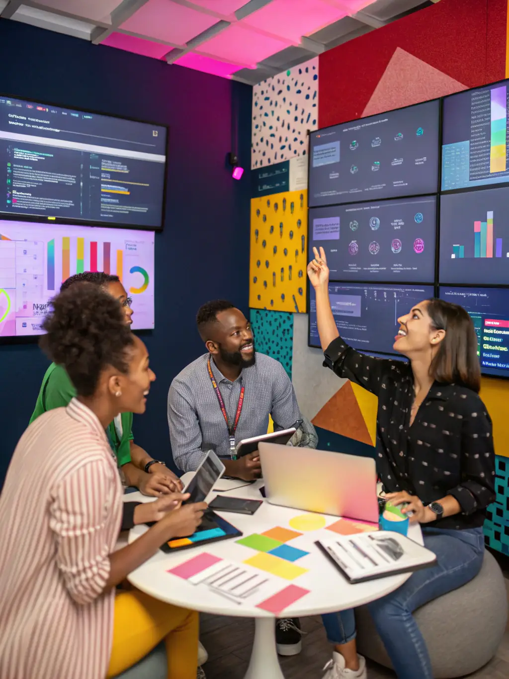 A diverse group of people collaborating around a digital whiteboard, brainstorming ideas for a new startup project, reflecting BuildSpace's co-founder matching feature.